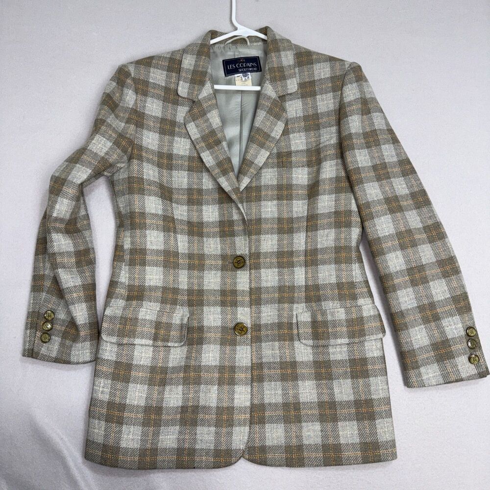 Les Copains Sportswear Vintage Wool Plaid Blazer Grey Tan Made in Italy Size 42